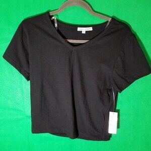 Green Goddess Black V Neck T-Shirt Size XL Cropped Casual Cotton Blend NWT